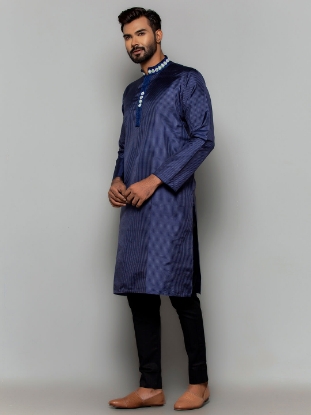 Picture of Midnight Blue Embroidered Silk Panjabi Pajama Set
