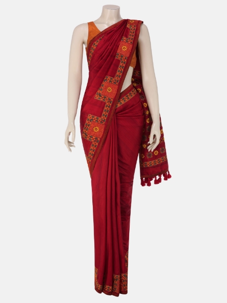 Picture of Red Brush Painted and Nakshi Kantha Embroidered Silk Saree