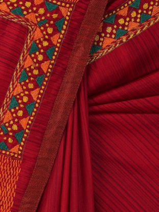 Picture of Red Brush Painted and Nakshi Kantha Embroidered Silk Saree