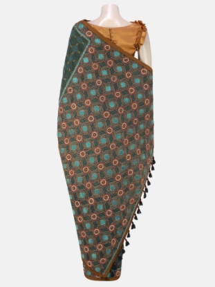 Picture of Bottle Green Nakshi Kantha Embroidered Silk Saree