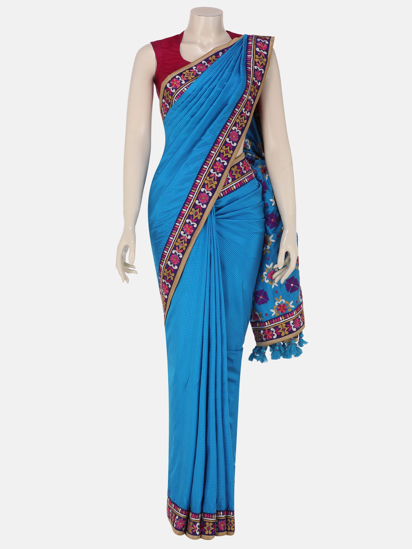 Picture of Blue Check Nakshi Kantha Embroidered Silk Saree