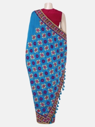 Picture of Blue Check Nakshi Kantha Embroidered Silk Saree
