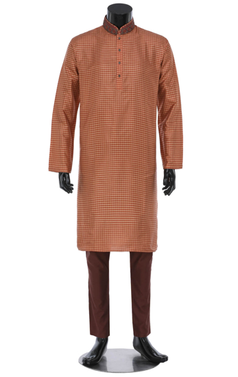 Picture of Orange Check Erri Embroidered Silk Panjabi Pajama Set