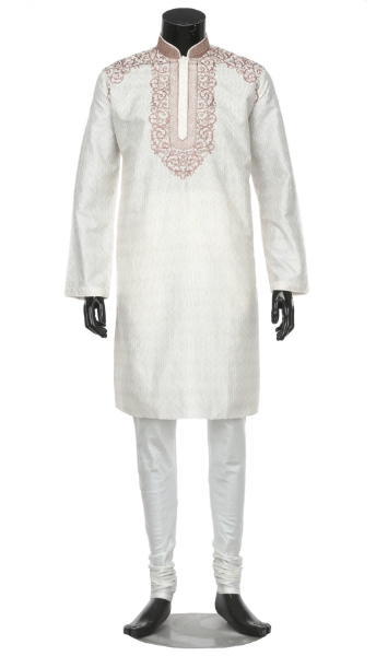 Picture of Ivory Printed and Embroidered Silk Panjabi Pajama Set