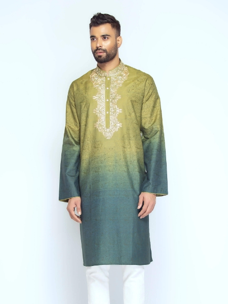 Picture of Pastel Green Tie-Dyed and Embroidered Mixed Cotton Panjabi