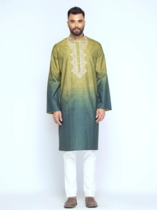 Picture of Pastel Green Tie-Dyed and Embroidered Mixed Cotton Panjabi