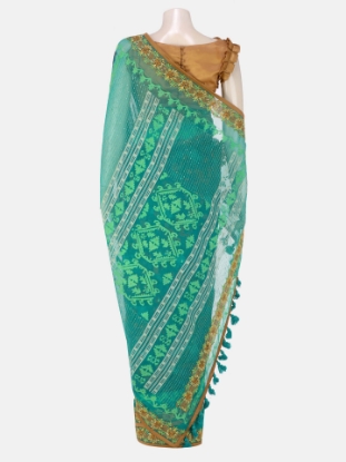 Picture of Green Printed and Embroidered Half Silk Jamdani Saree