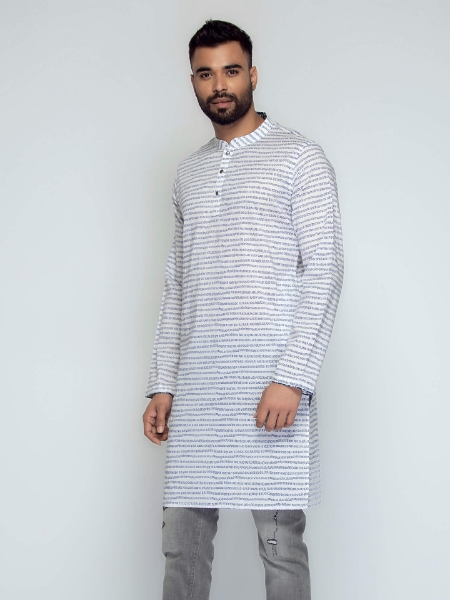 Picture of White Printed Cotton Slim Fit Short Kurta