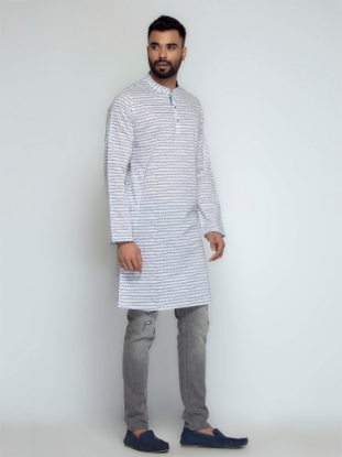 Picture of White Printed Cotton Slim Fit Short Kurta