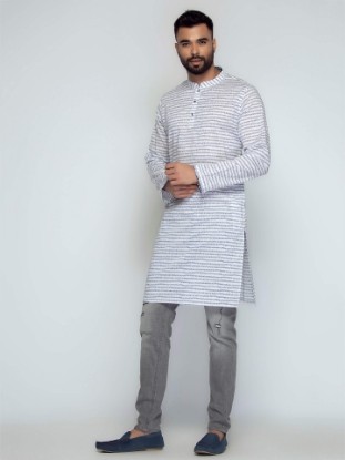 Picture of White Printed Cotton Slim Fit Short Kurta