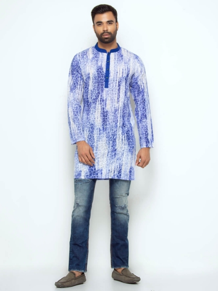 Picture of White Printed Cotton Slim Fit Short Kurta