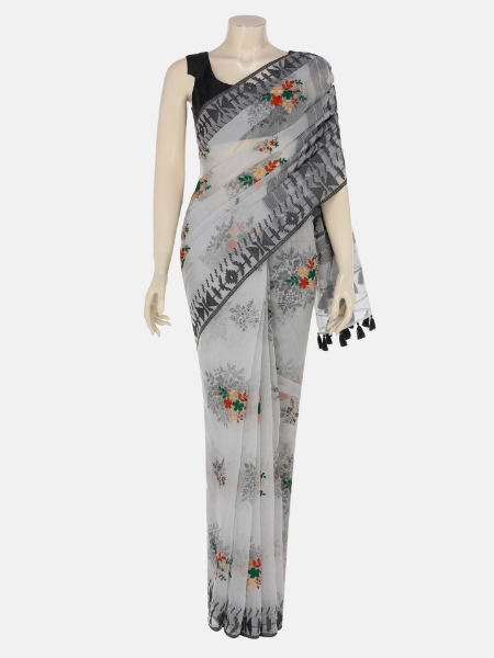 Picture of Cloud Grey Embroidered Half Silk Jamdani Saree