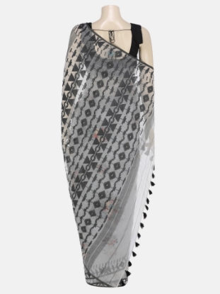 Picture of Cloud Grey Embroidered Half Silk Jamdani Saree