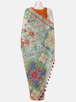 White Printed and Embroidered Cotton Saree