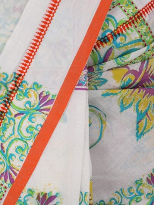White Printed and Embroidered Cotton Saree