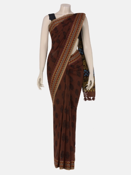 Brown Printed Cotton Saree