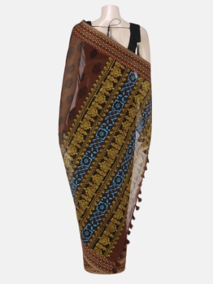 Brown Printed Cotton Saree