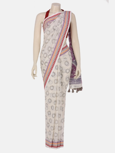 Ivory Printed Cotton Saree