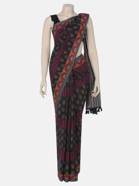 Navy Blue Printed Cotton Saree