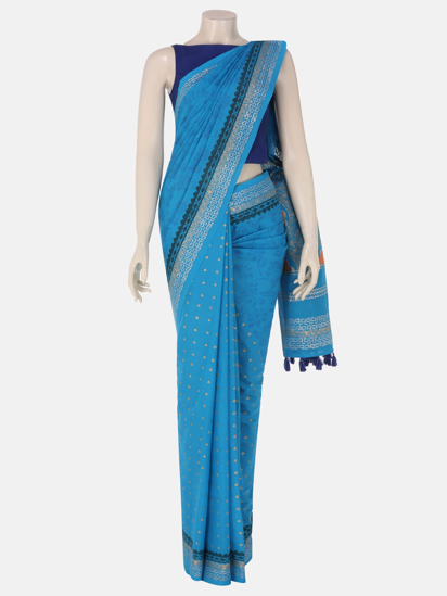 Blue Printed and Appliqued Cotton Saree