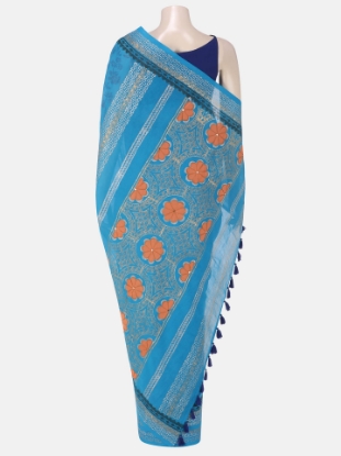 Blue Printed and Appliqued Cotton Saree