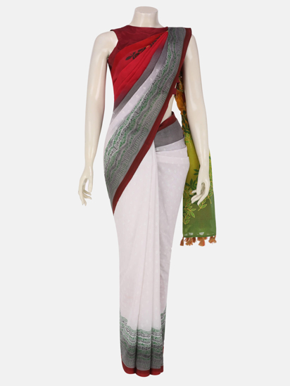 White Printed and Embroidered Cotton Saree