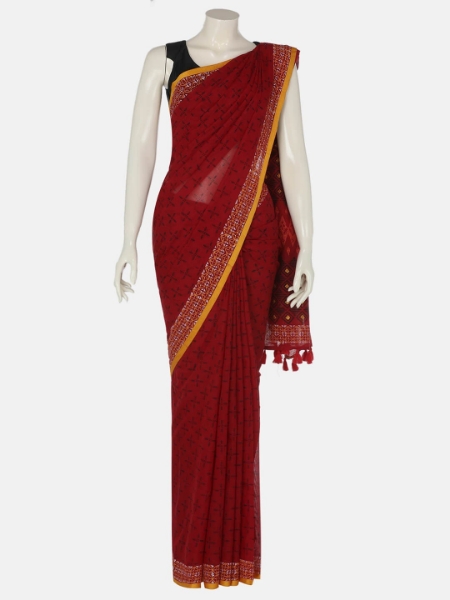 Red Printed and Embroidered Cotton Saree