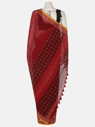 Red Printed and Embroidered Cotton Saree