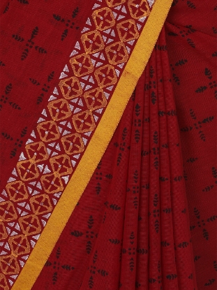 Red Printed and Embroidered Cotton Saree