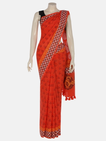 Orange Printed Cotton Saree