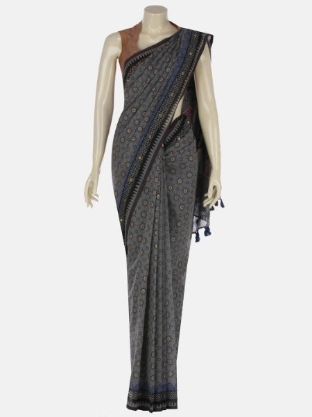 Grey Printed Cotton Saree