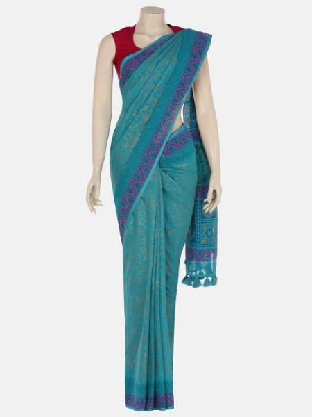 Turquoise Printed Cotton Saree