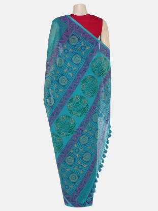 Turquoise Printed Cotton Saree