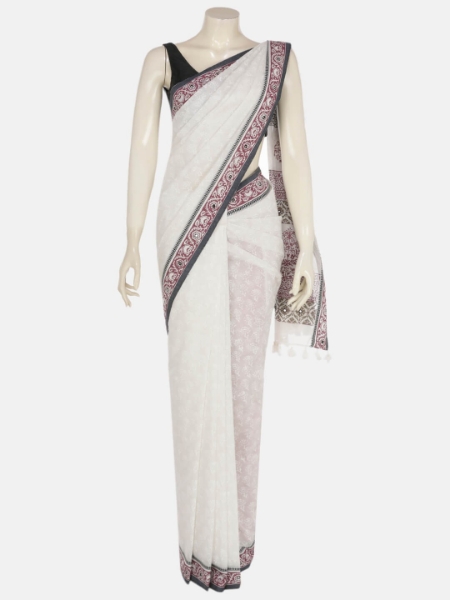 White Printed Cotton Saree