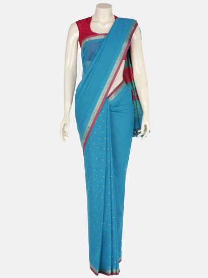 Blue Printed and Embroidered Cotton Saree
