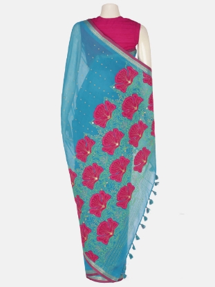 Blue Printed and Embroidered Cotton Saree