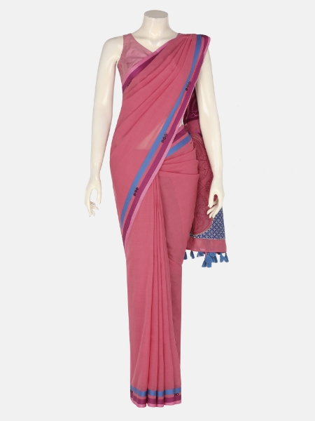 Coral Appliqued and Embroidered Cotton Saree