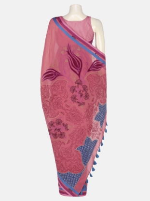 Coral Appliqued and Embroidered Cotton Saree