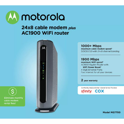 Picture of Motorola 24x8 DOCSIS 3.0 Cable Modem plus AC1900 Dual Band Wi-Fi Gigabit Router with Power Boost