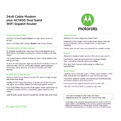 Picture of Motorola 24x8 DOCSIS 3.0 Cable Modem plus AC1900 Dual Band Wi-Fi Gigabit Router with Power Boost