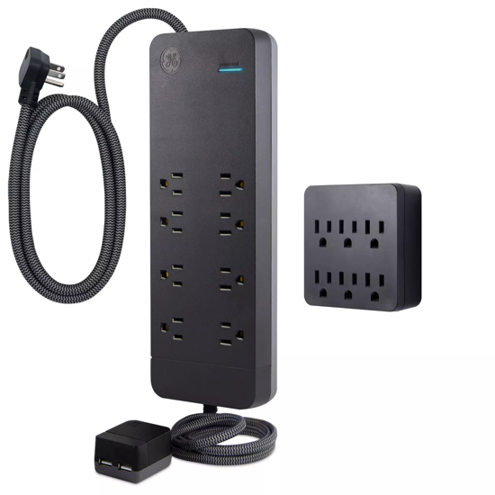 Picture of GE 8 Outlet 2 USB 4 Ft Surge Protector & 6 Outlet Wall Adapter Kit, Black