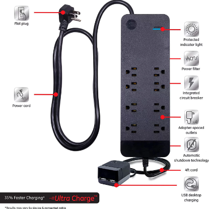 Picture of GE 8 Outlet 2 USB 4 Ft Surge Protector & 6 Outlet Wall Adapter Kit, Black