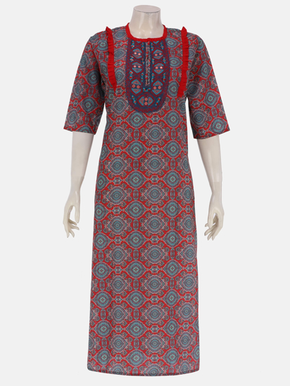 Red Printed and Embroidered Mixed Silk Kurta