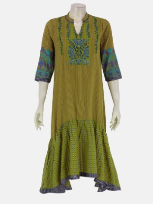 Olive Printed and Embroidered Cotton Kurta