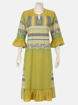 Yellow Printed Muslin-Cotton Long Kurta