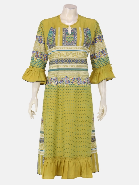 Yellow Printed Muslin-Cotton Long Kurta