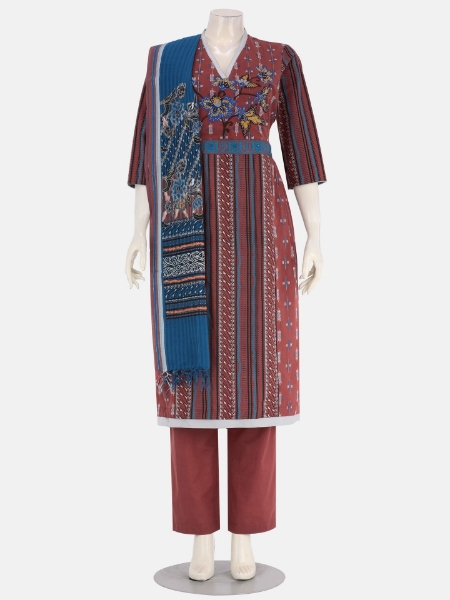 Brick Red Printed and Embroidered Viscose-Cotton Shalwar Kameez Set