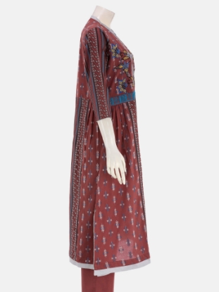 Brick Red Printed and Embroidered Viscose-Cotton Shalwar Kameez Set