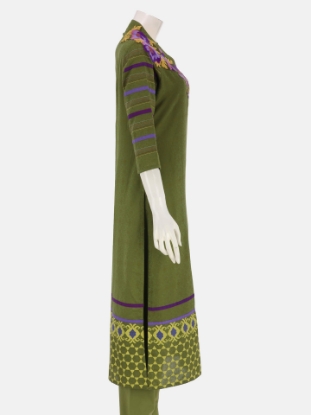 Olive Green Printed and Embroidered Viscose-Cotton Shalwar Kameez Set