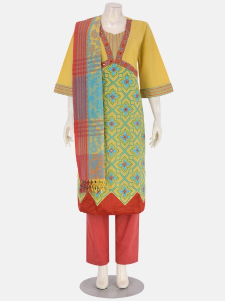 Yellow Printed and Embroidered Viscose-Cotton Shalwar Kameez Set